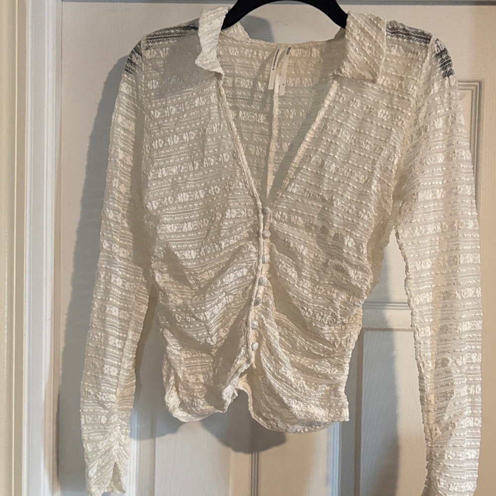Anthropologie Cream Textured Button-Up Blouse
